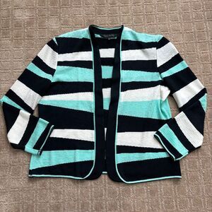 Ming Wang Black, White, and Aqua Striped Cardigan